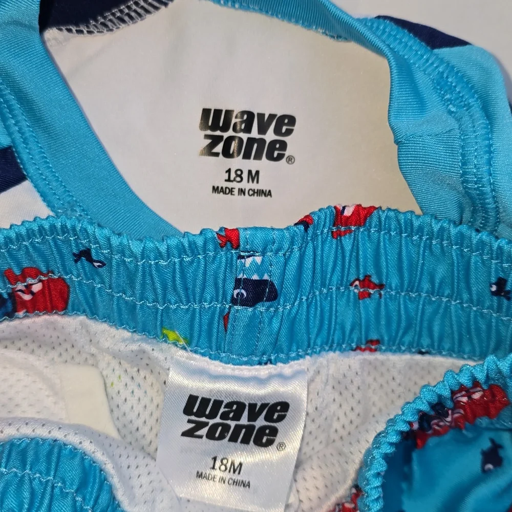 Wave Zone Toddler Boat Rash Guard & Swim Shorts Set - Turquoise, White, Red 18 M